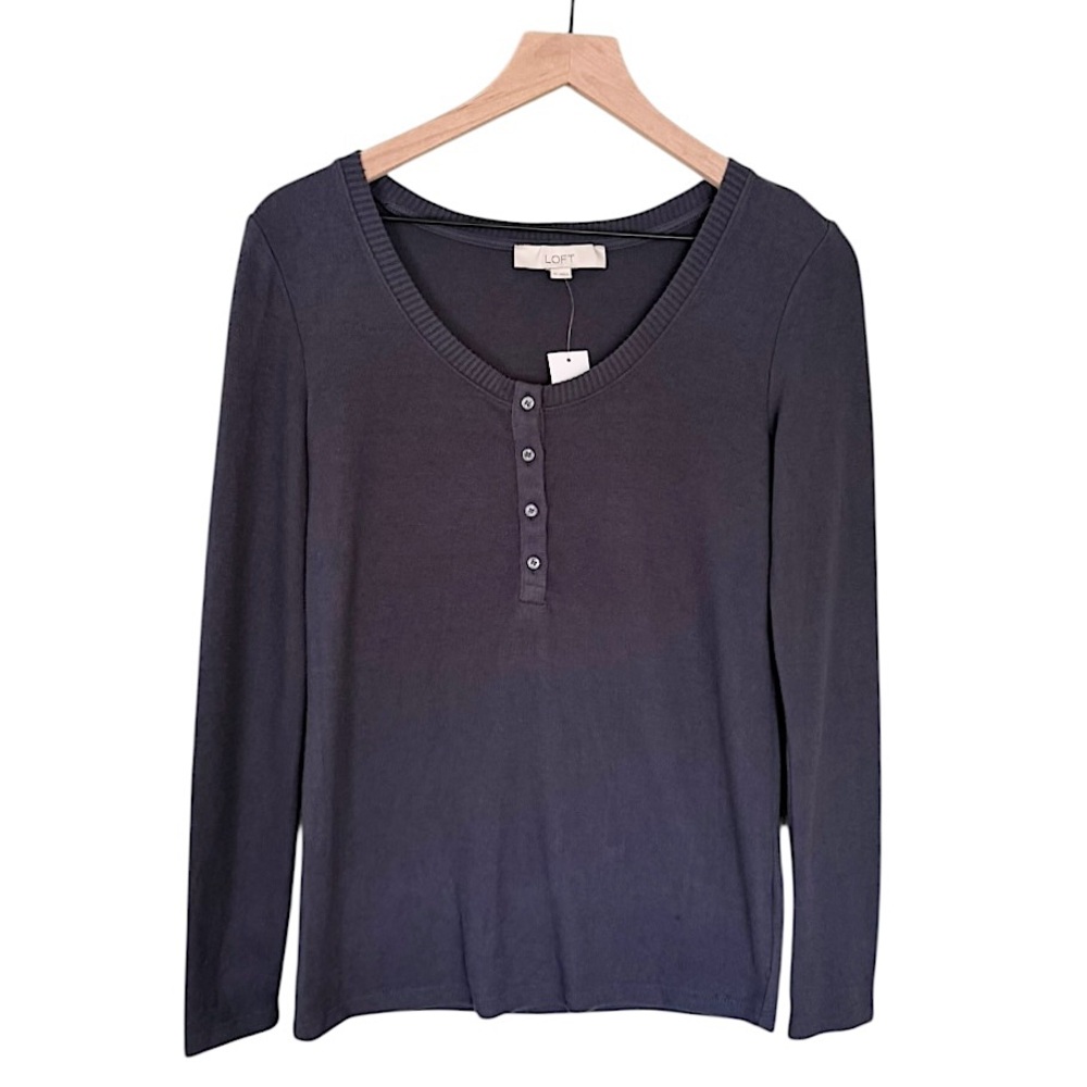 NWT Loft Women’s Cozy Jersey Henley Top Long Sleeve Grey Size XS